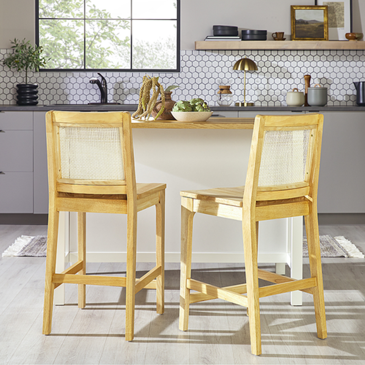 Walker Edison - Boho Solid Wood Counter Stool with Rattan Back Inset (2-Piece Set) - Natural