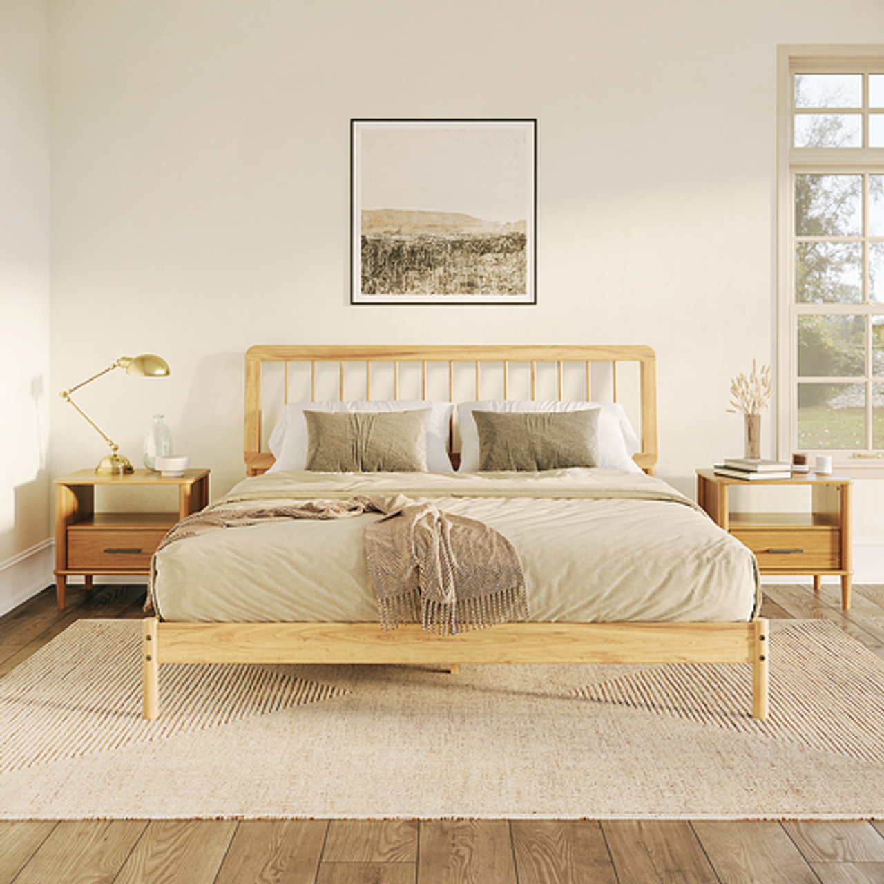 Walker Edison - Mid-Century Modern Slatted Solid Wood King Bedframe - Natural Pine