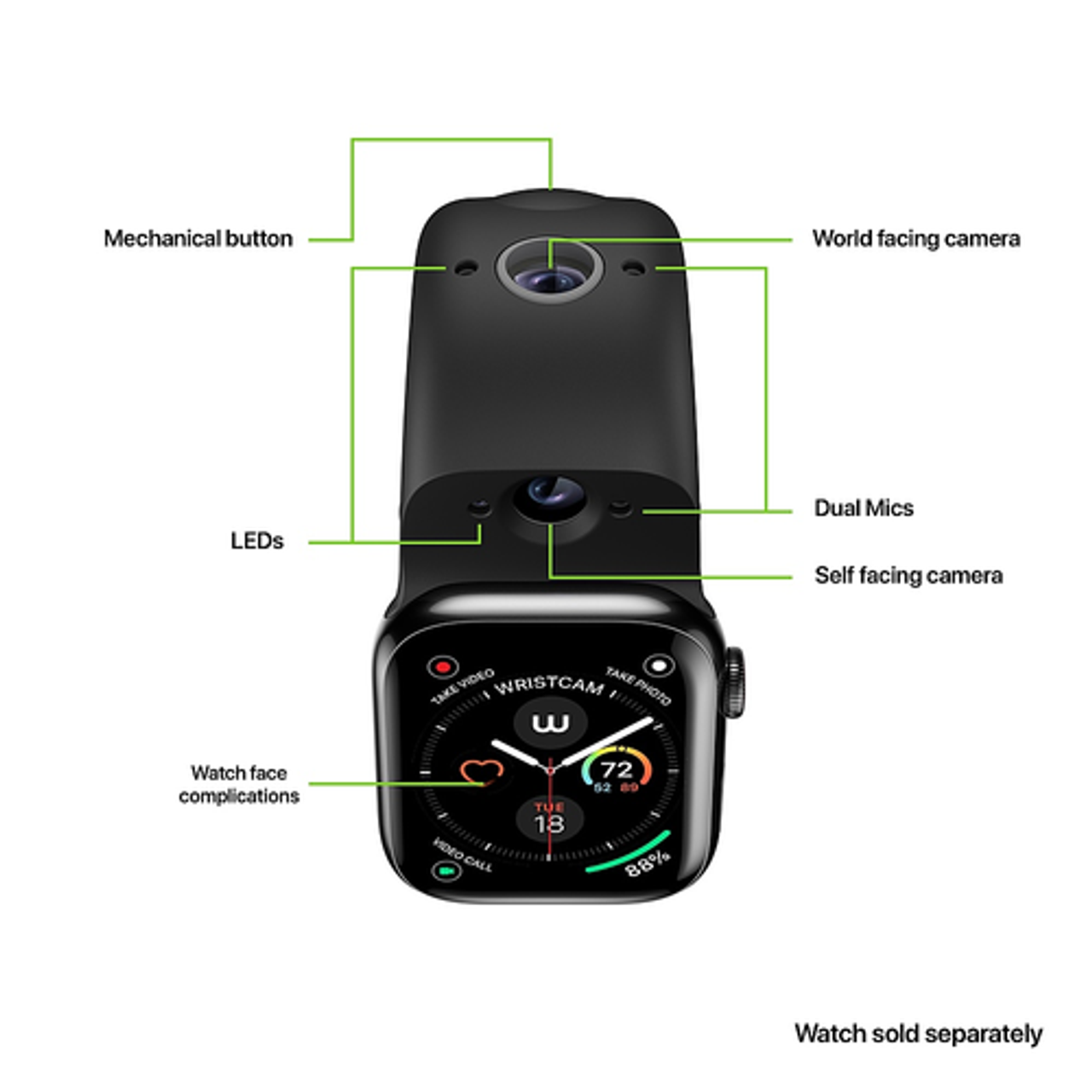 Wristcam - Camera Band Medium/Large (Fits 42-49mm) for Apple Watch Ultra, Series 9, Series 8 , Series SE - Black