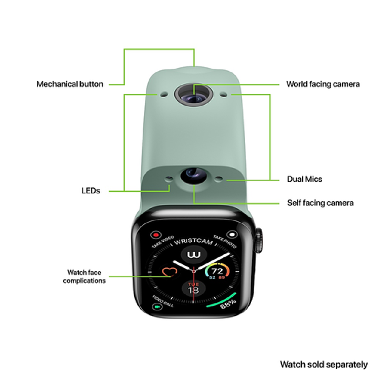 Wristcam - Camera Band Medium/Large (Fits 42-49mm) for Apple Watch Ultra, Series 9, Series 8 , Series SE - Sage