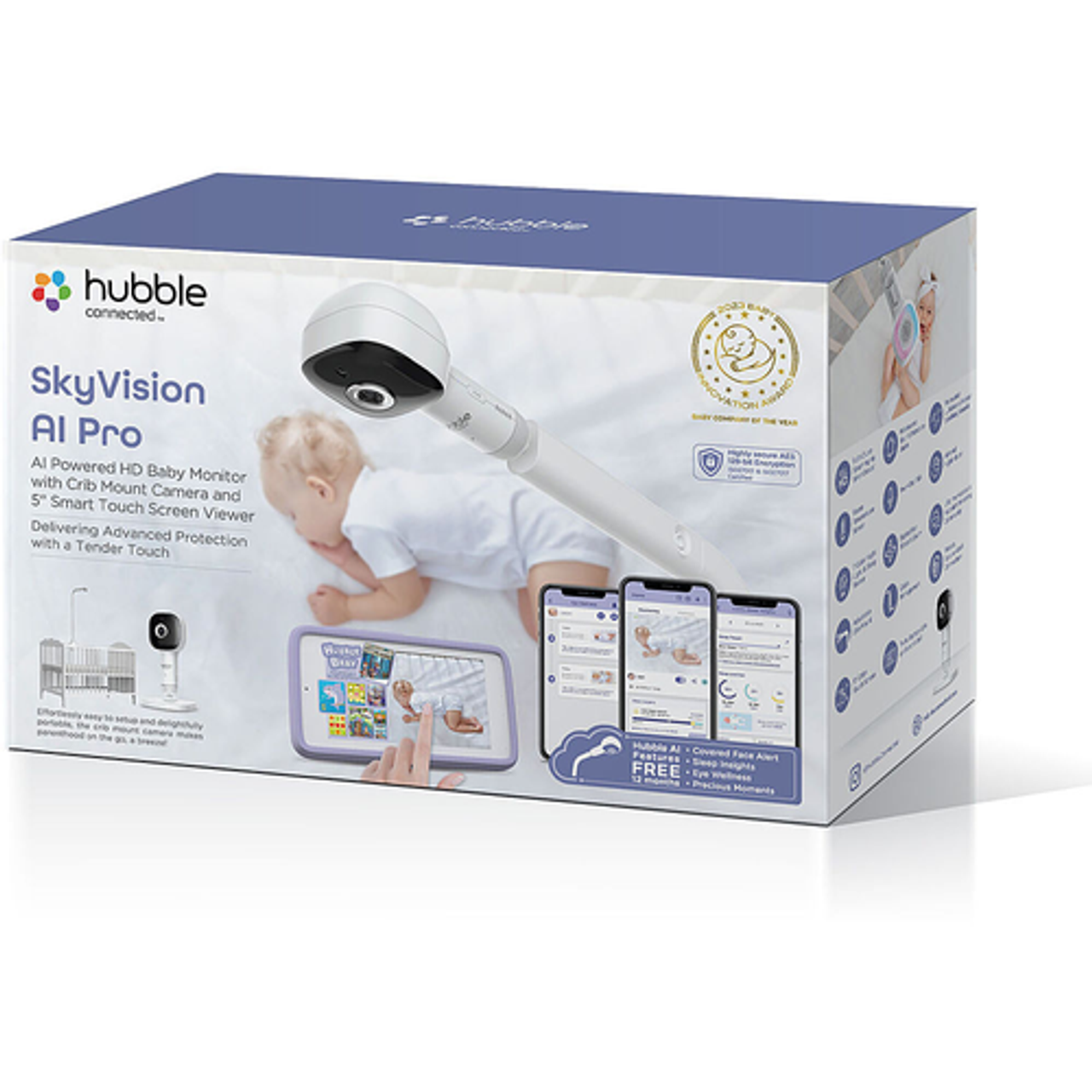 Hubble Connected - SkyVision Pro AI-Enhanced HD Smart Camera Baby Monitor, Travel-Friendly Parent Unit, Crib Mount, and Covered Face Alert - White
