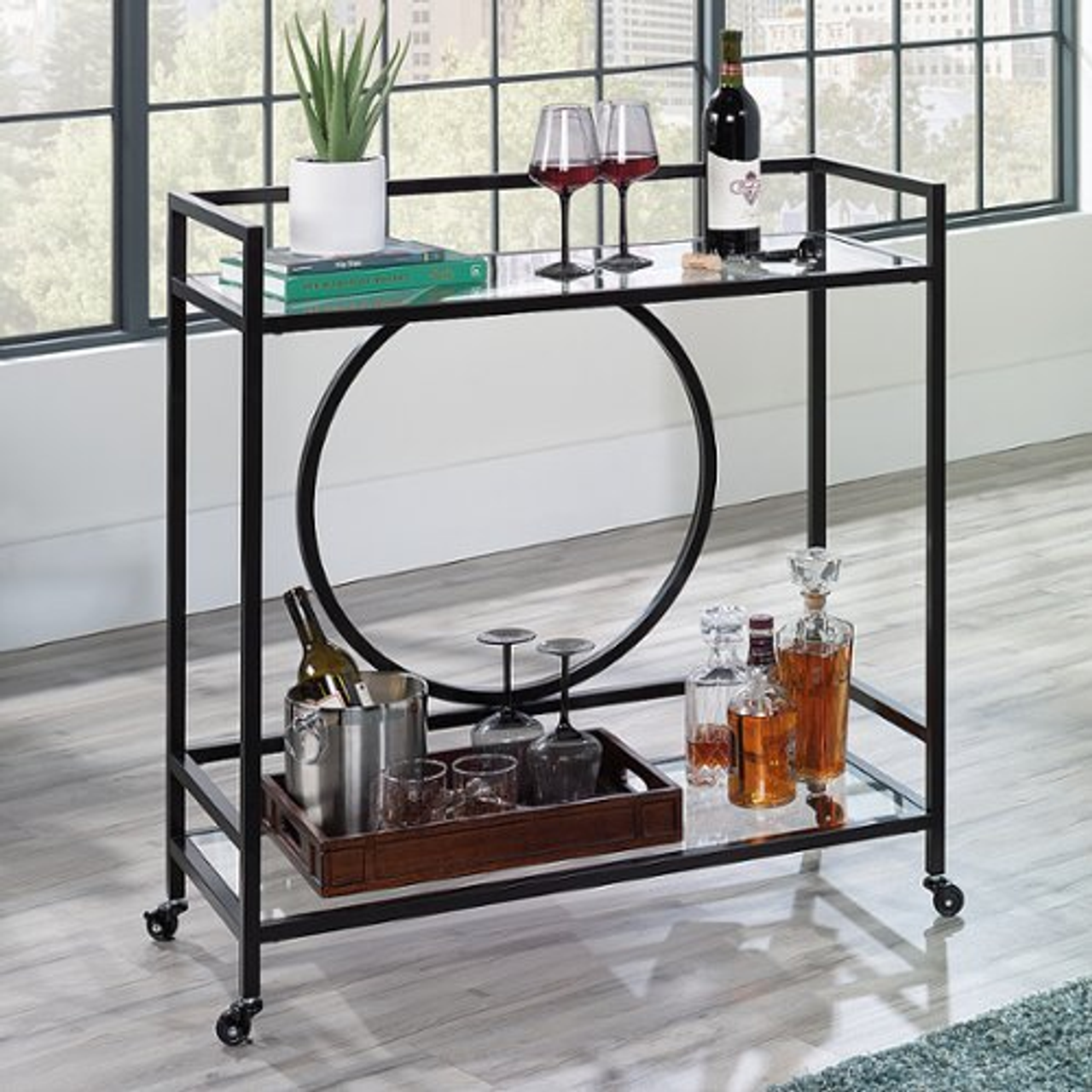 Sauder - Int Lux Bar Cart Black/glass 3a - Black