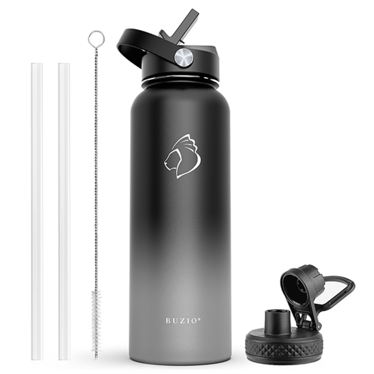 Buzio - 40oz Insulated Water Bottle with Straw Lid and Spout Lid - Black & Gray