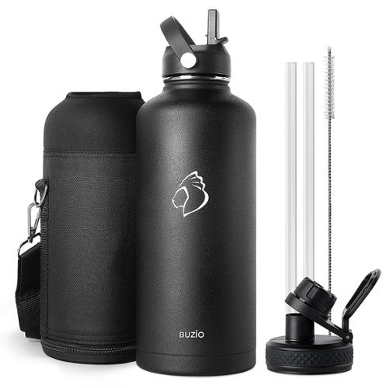Buzio - 87oz Insulated Water Bottle with Straw Lid and Spout Lid - Black