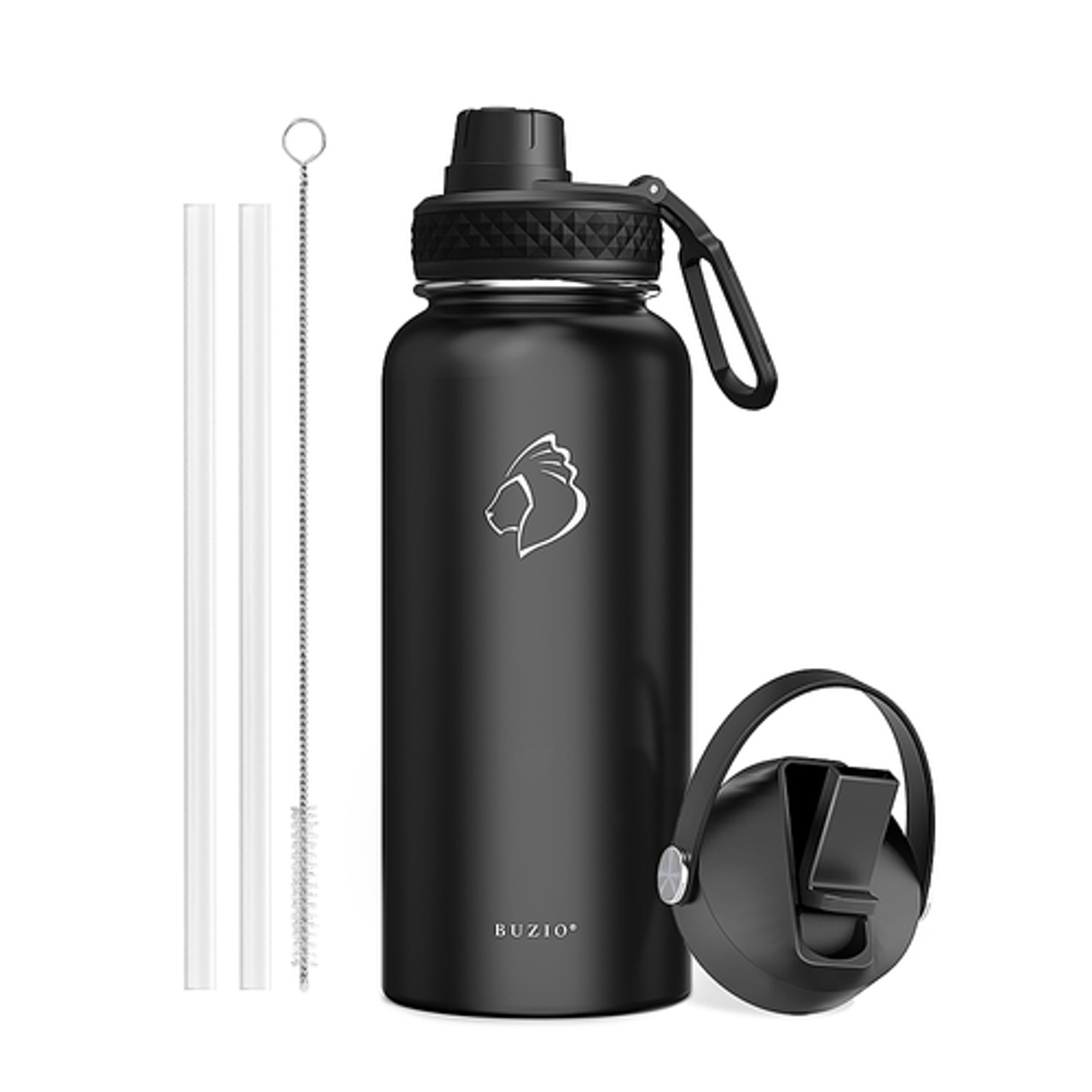 Buzio - 32oz Insulated Water Bottle with Straw Lid and Spout Lid - Black