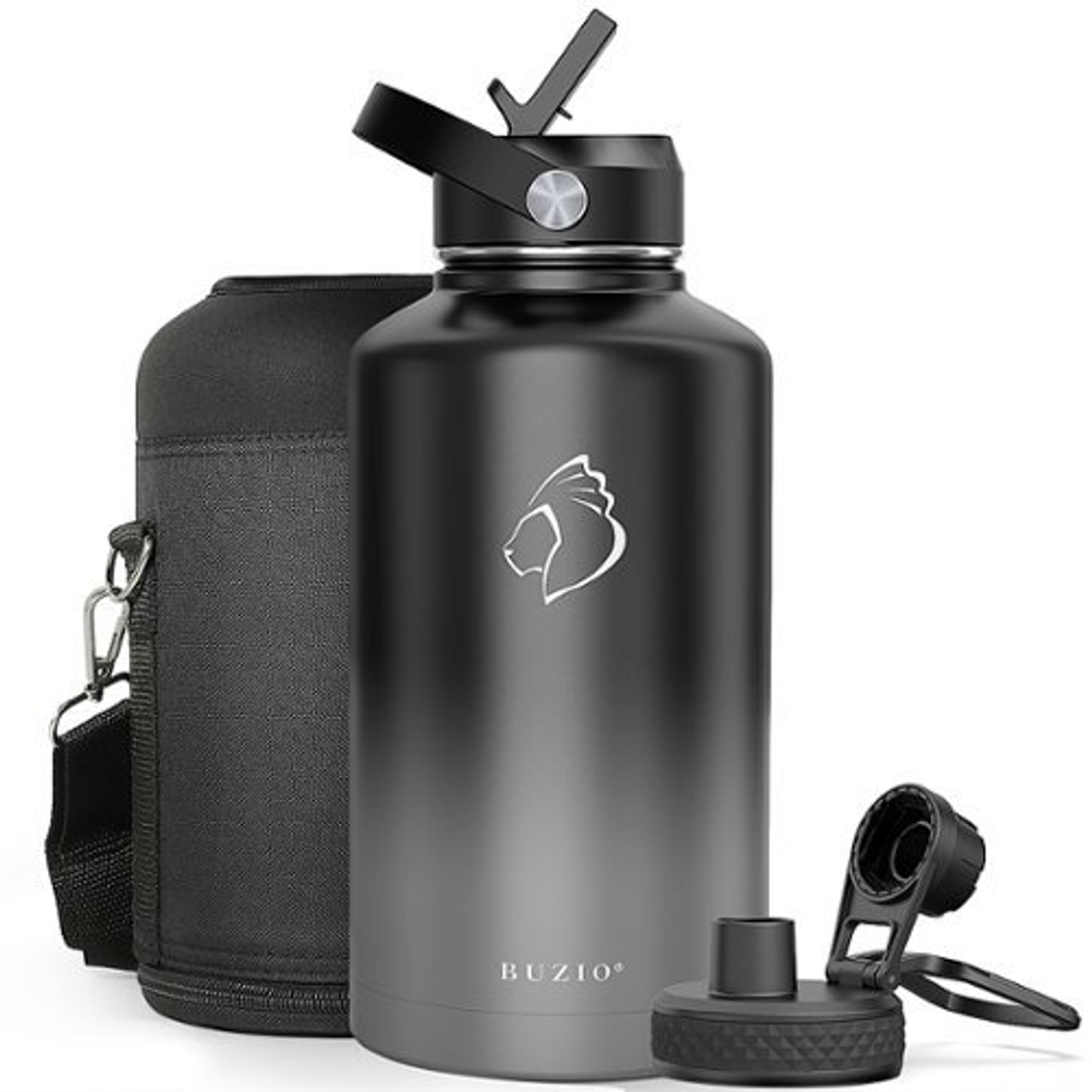 Buzio - 64oz Insulated Water Bottle with Straw Lid and Spout Lid - Black & Gray
