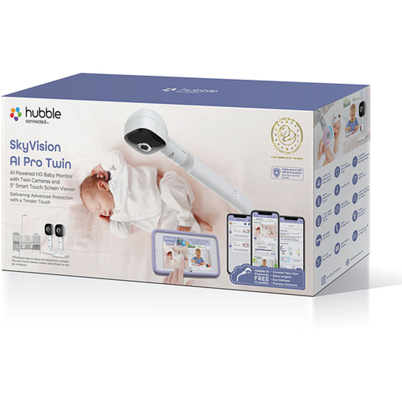 Hubble Connected - SkyVision Pro Twin AI-Enhanced 2 HD Smart Camera Baby Monitors, Parent Travel Unit, Crib Mount, and Covered Face Alert - White