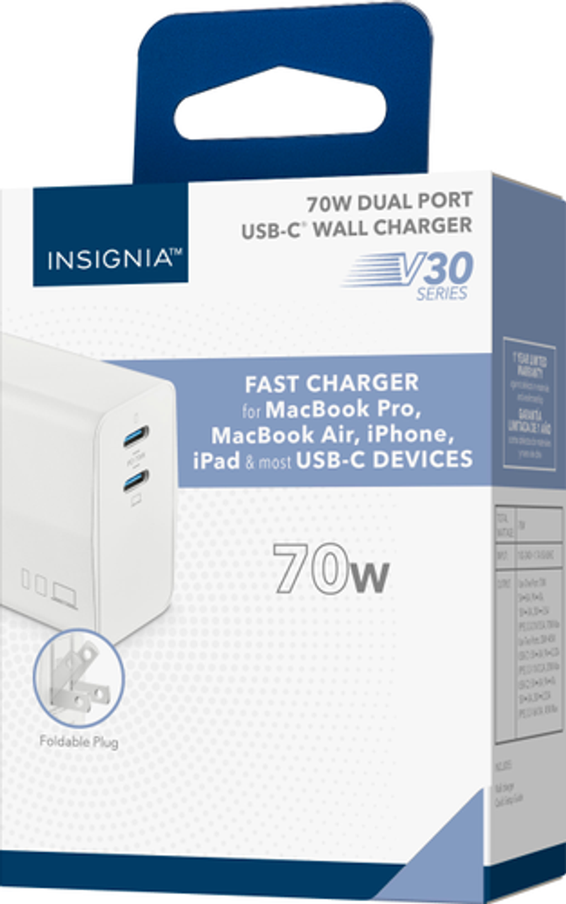 Insignia™ - 70W Dual Port USB-C Foldable Compact Wall Charger Kit for MacBook Pro, Smartphone, Tablet and More - White