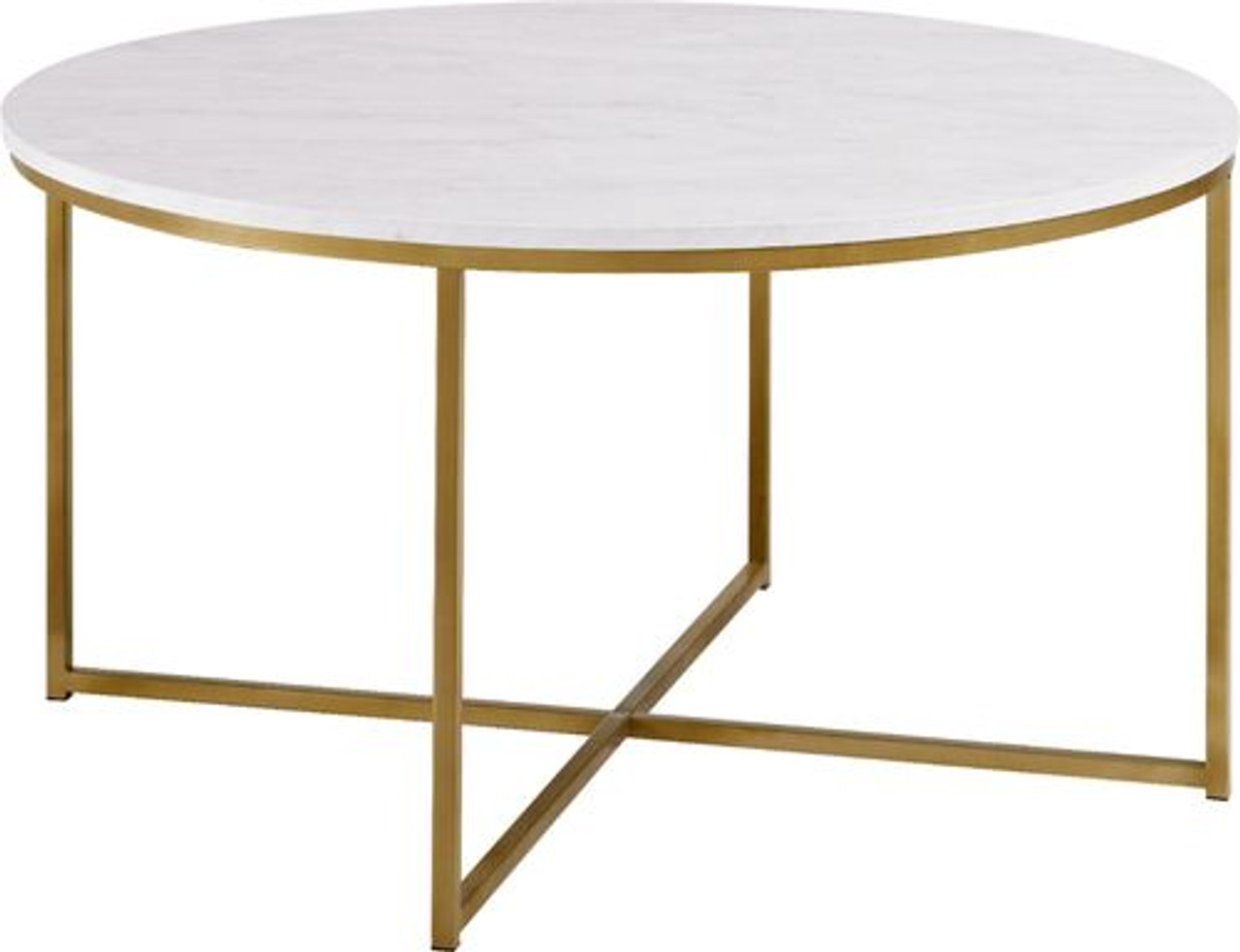 Walker Edison - X-Base Round Coffee Table - Faux White Marble/Gold