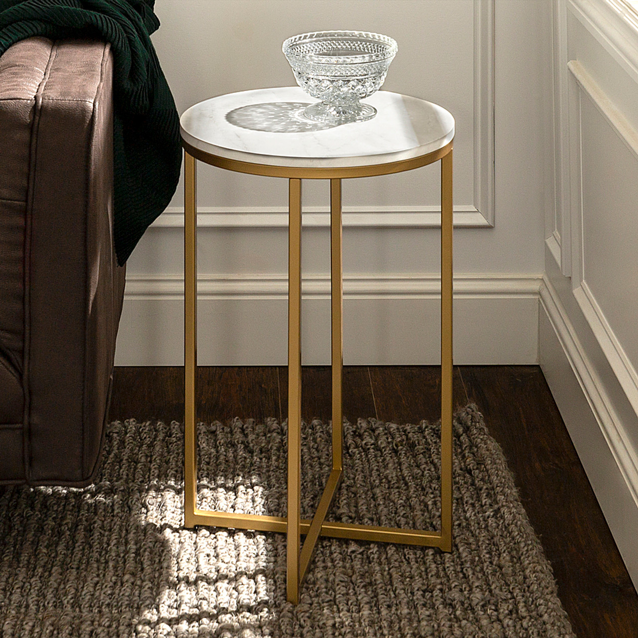 Walker Edison - Modern Glam Side Table - Faux White Marble & Gold