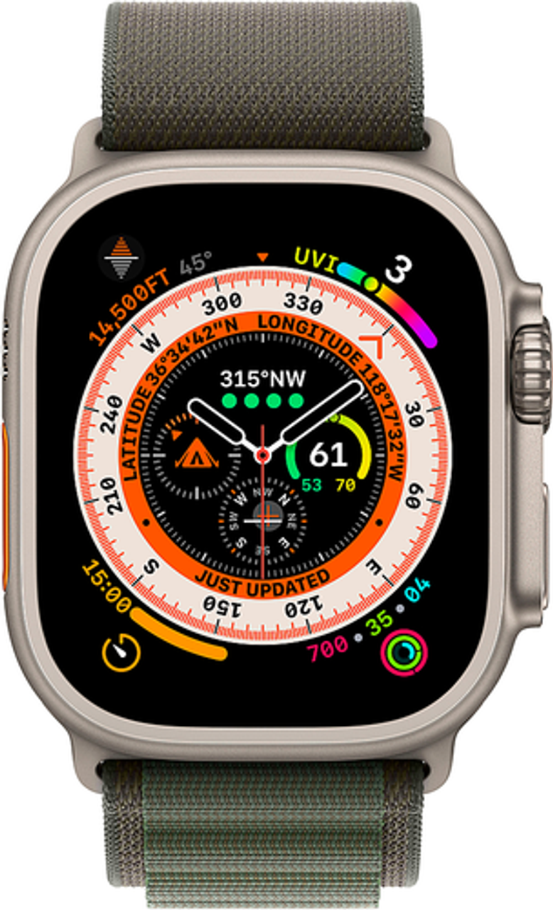 Geek Squad Certified Refurbished Apple Watch Ultra (GPS + Cellular) 49mm Titanium Case with Green Alpine Loop - Medium - Titanium