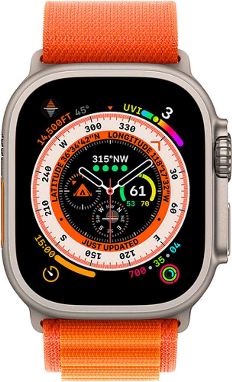 Geek Squad Certified Refurbished Apple Watch Ultra (GPS + Cellular) 49mm Titanium Case with Orange Alpine Loop - Large - Titanium