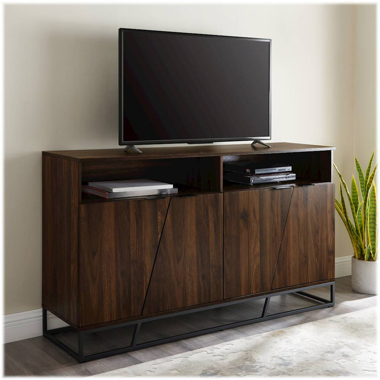 Walker Edison - Contemporary Angled-Door 2-Shelf Sideboard - Dark Walnut