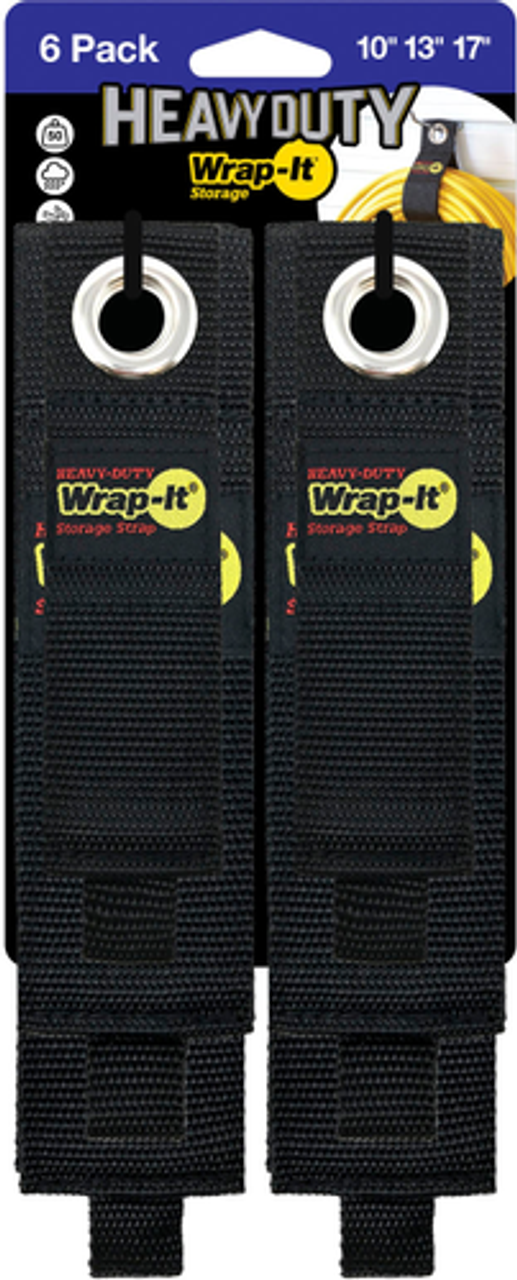 Heavy-Duty Wrap-It Storage Straps - (Assorted 6-Pack) - Hook and Loop Hanging Strap with Grommet - Black - Black