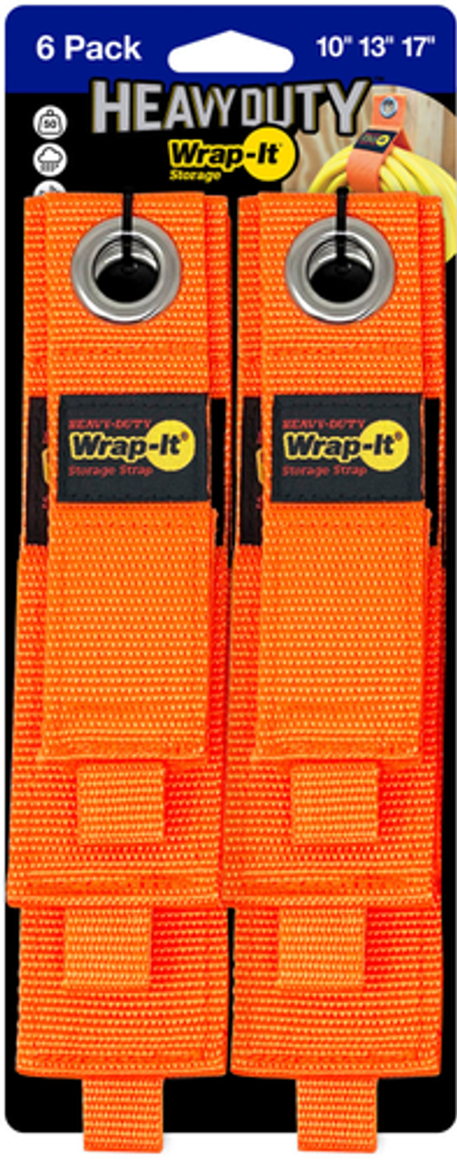 Heavy-Duty Wrap-It Storage Straps - (Assorted 6-Pack) - Hook and Loop Hanging Strap with Grommet - Blaze Orange - Blaze Orange