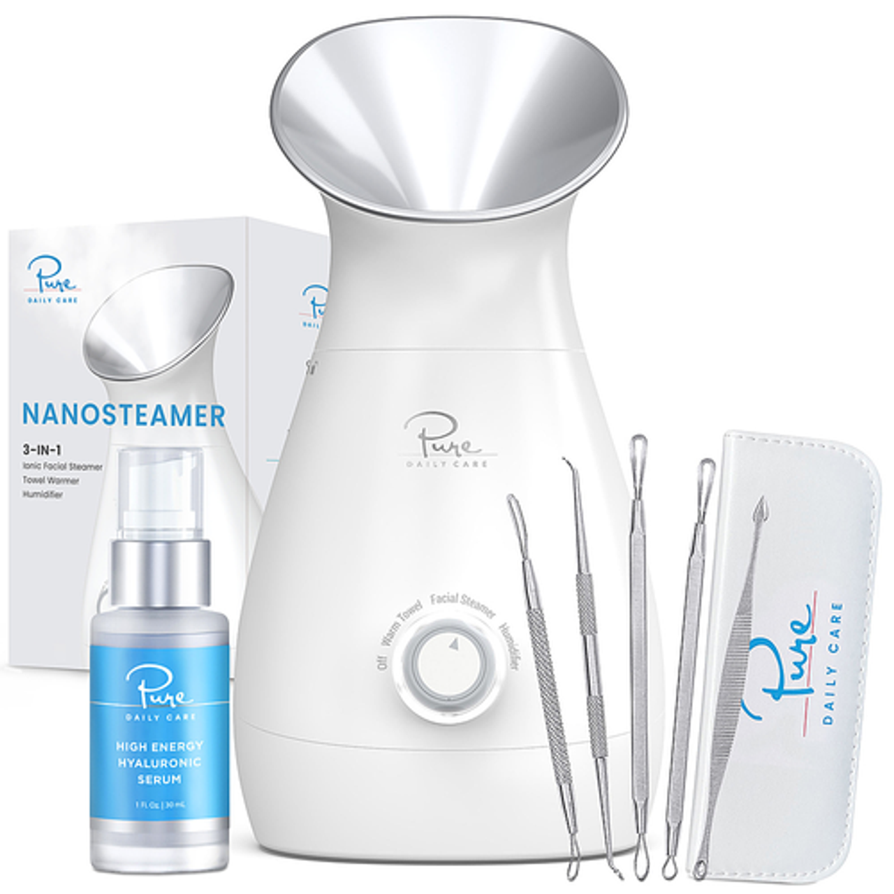 Pure Daily Care - Nano Ionic Facial Steamer with 5 Piece Skin Kit and Hyaluronic Serum - Silver