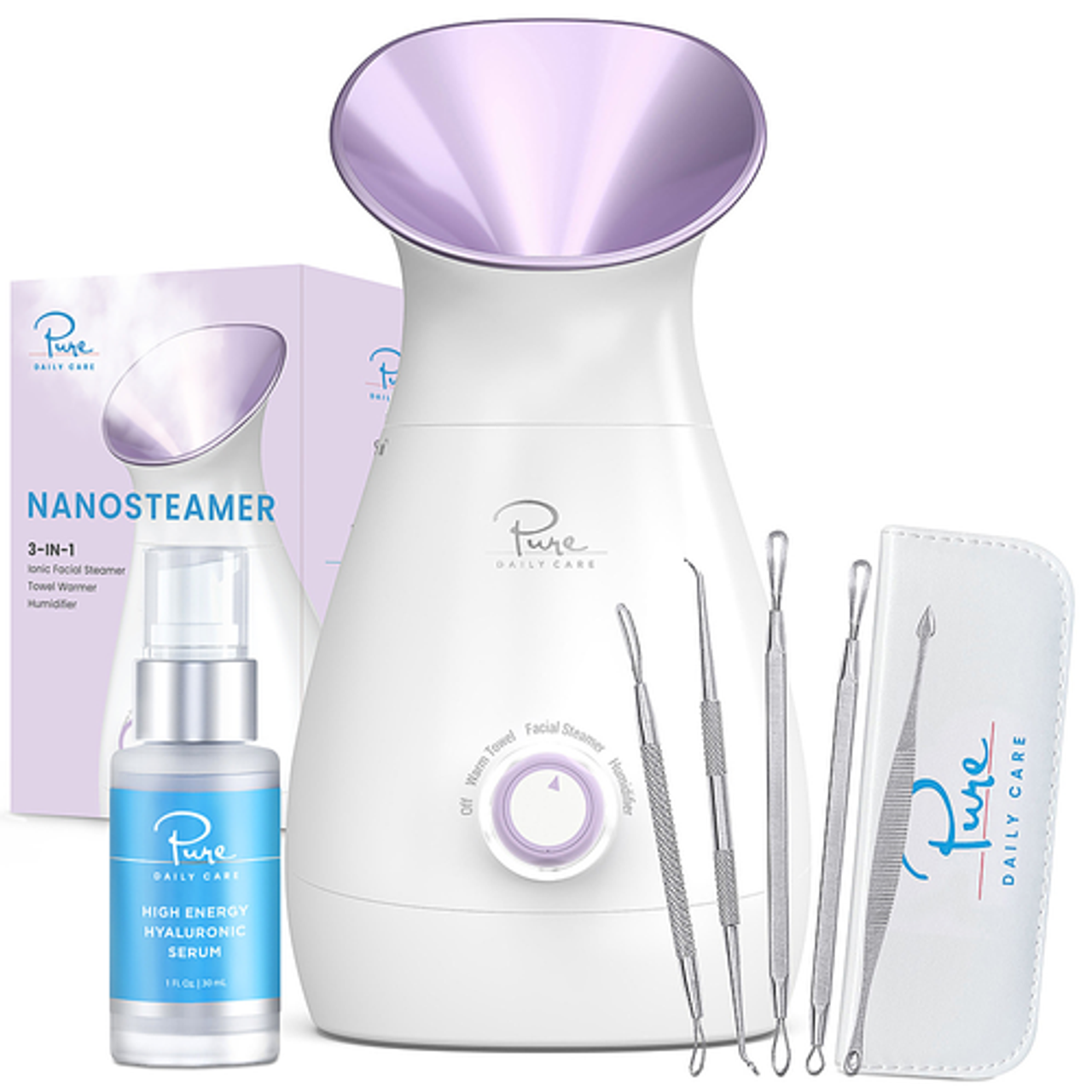 Pure Daily Care - Nano Ionic Facial Steamer with 5 Piece Skin Kit and Hyaluronic Serum - Lilac