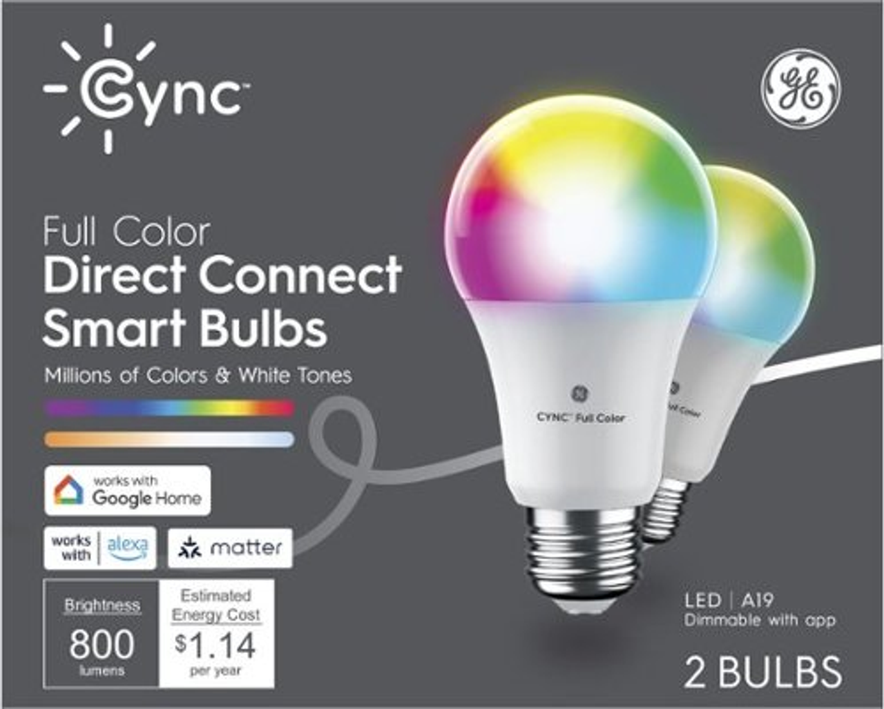 GE - Cync Direct Connect Matter Light Bulbs (2 A19 LED Color Changing Light Bulbs) - Full Color