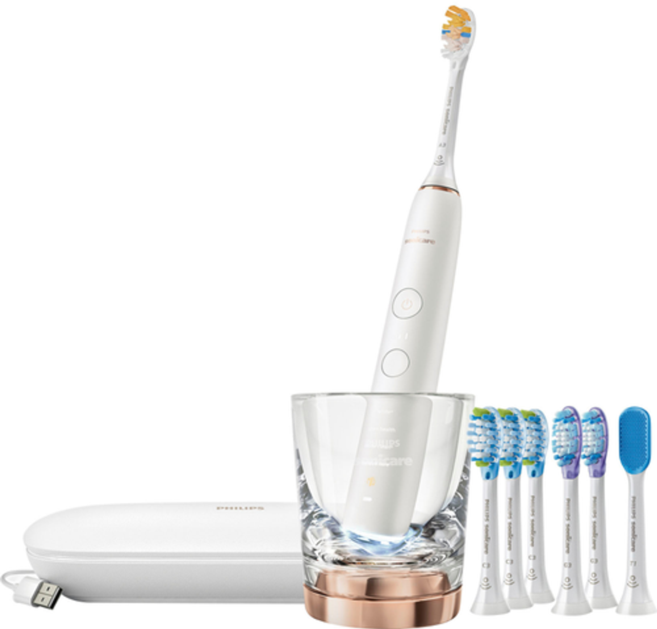 Philips Sonicare DiamondClean Smart Electric, Rechargeable toothbrush with Charging Travel Case, and 8 Brush Heads - Rose Gold