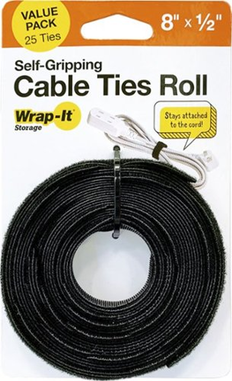 Wrap-It Storage Self-Gripping Cable Ties Roll - 8-inch (25-Pack) Black - Reusable Hook and Loop Ties - Black