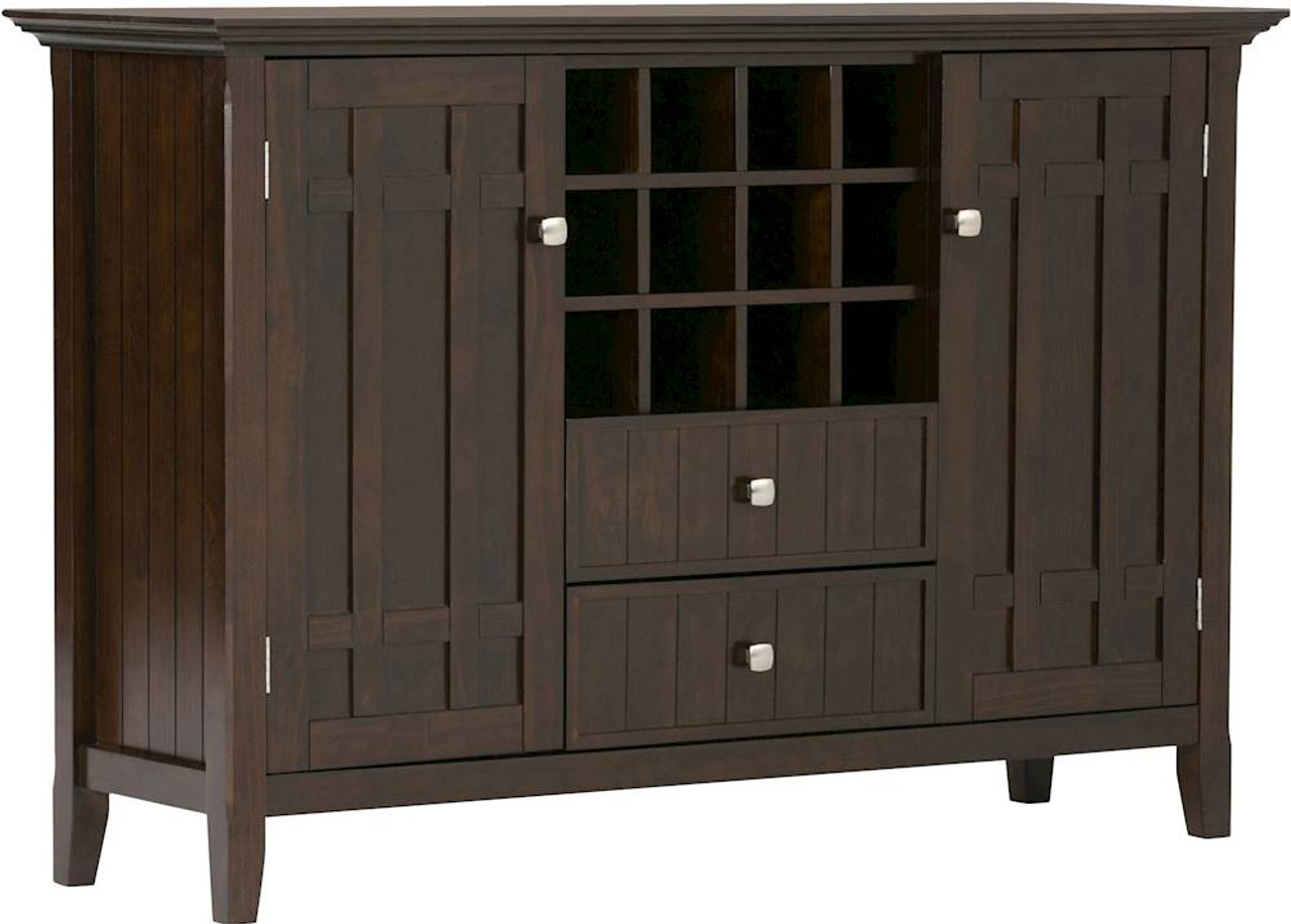 Simpli Home - Bedford Rustic Solid Wood 4-Shelf 2-Drawer Sideboard, Buffet, Credenza, and Wine Rack - Dark Tobacco Brown