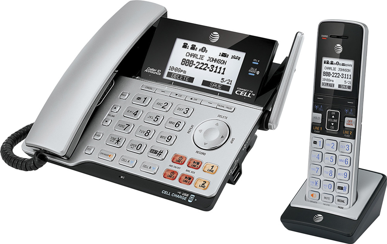 AT&T - TL86103 DECT 6.0 2-Line Expandable Corded/Cordless Phone with Bluetooth Connect to Cell and Answering System - Silver/Black