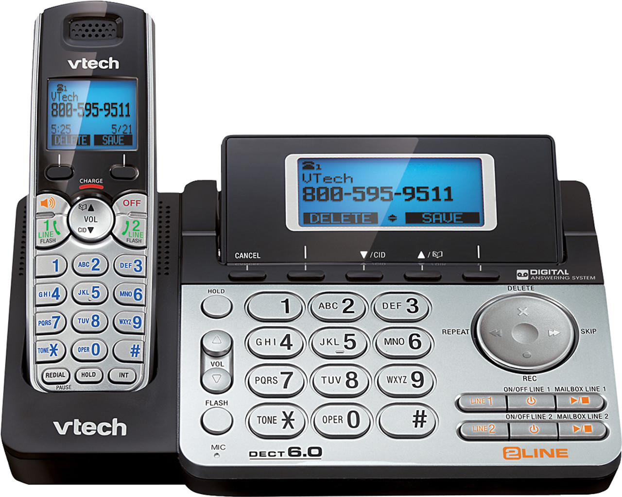 VTech - DS6151 DECT 6.0 Expandable 2-Line Cordless Phone with Digital Answering System and Dial-In Base - 1 Handset - Black