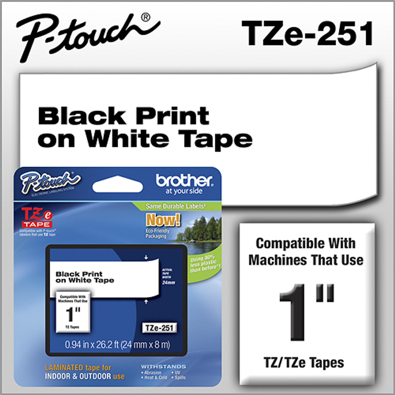 Brother - P-touch TZe251 ~1” (0.94") x 8m (26.2 ft.) Black on White Standard Laminated Tape - White
