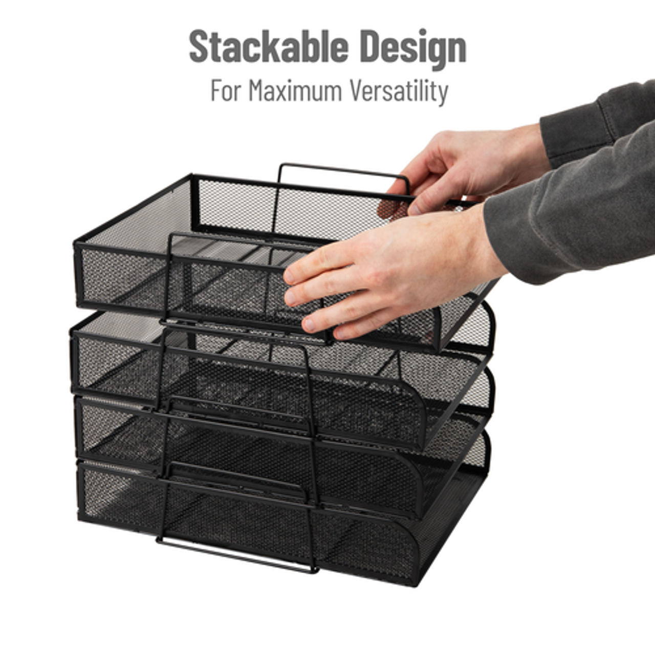 Mind Reader - Stackable Paper Tray, Desktop Organizer, File Storage, Office, Metal Mesh, 10.5"L x13.5"W x11.25"H, 4 Pcs. - Black