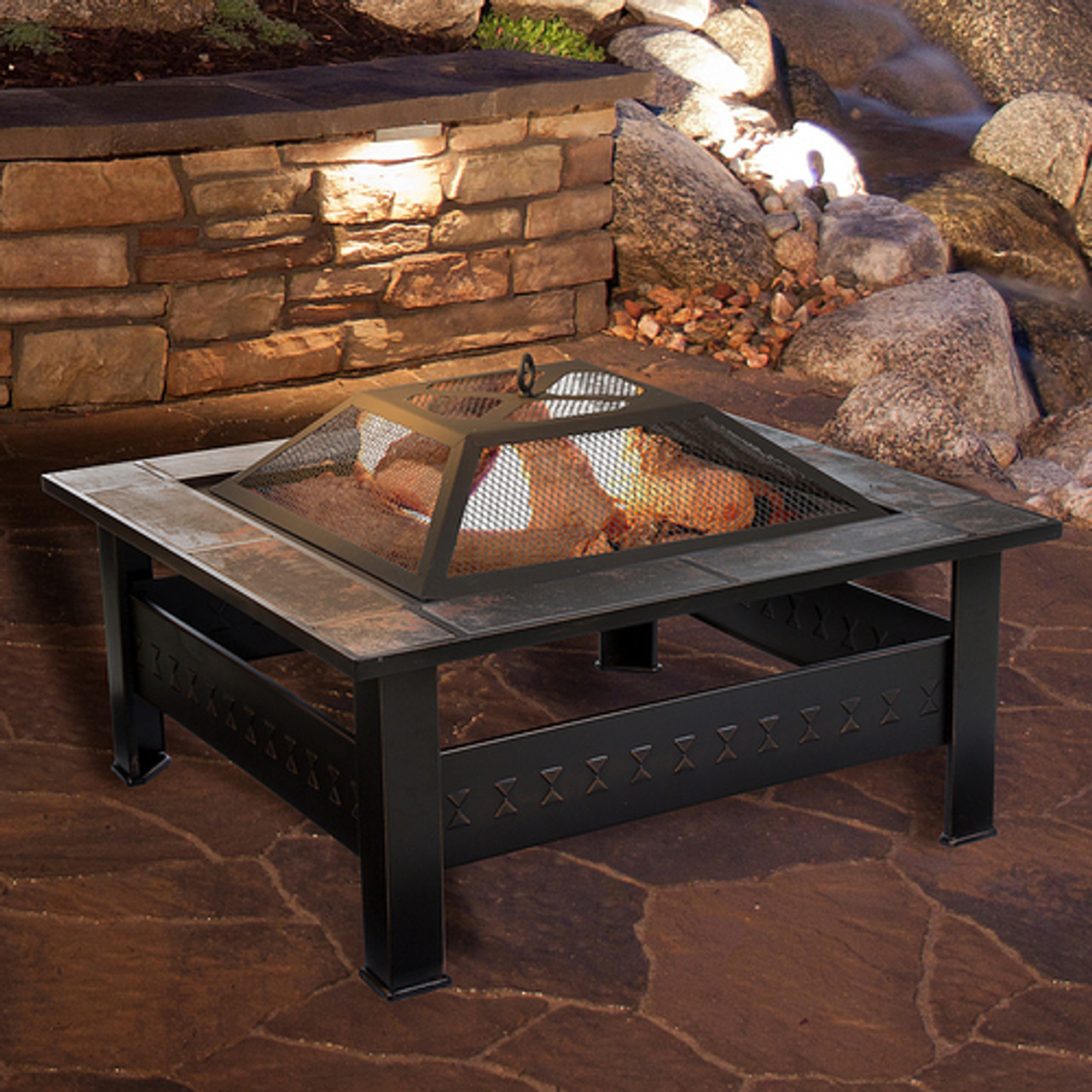 Pure Garden - Fire Pit Set, Wood Burning Pit With Spark Screen, Cover and Log Poker,  32" Marble Tile Square Firepit - Black and orange marbled