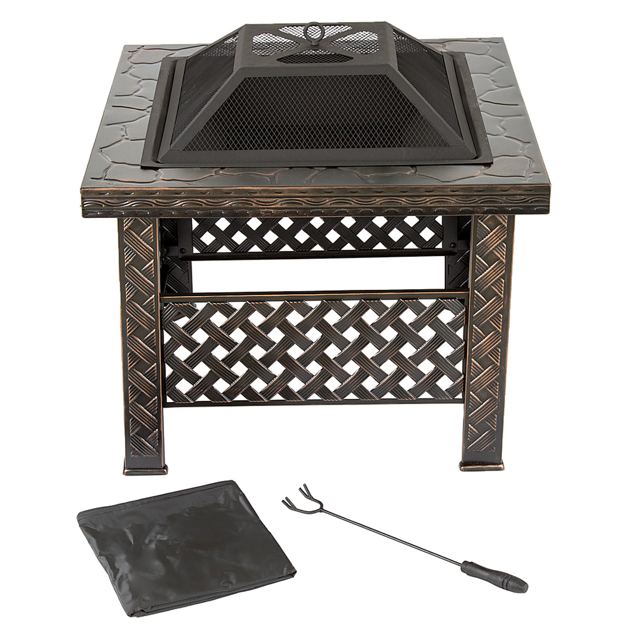 Pure Garden - Fire Pit Set, Wood Burning Pit With Spark Screen, Cover and Log Poker,  26" Woven Metal Square Firepit - Bronze