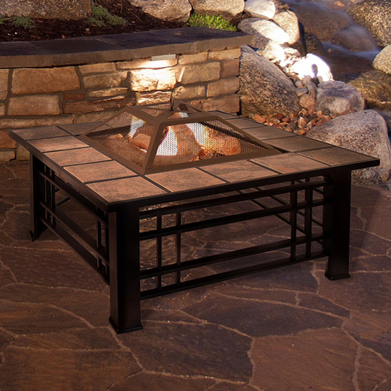 Pure Garden - Fire Pit Set, Wood Burning Pit - Includes Spark Screen and Log Poker, 32” Square Tile Firepit - Black and Orange Marbled