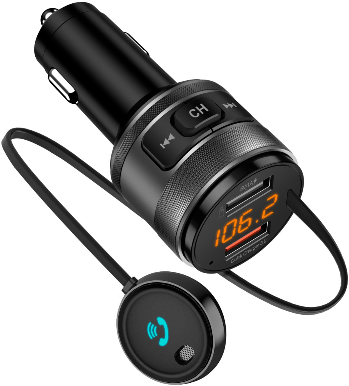 iSimple - Bluetooth 5.0 FM Transmitter with External Microphone for Music Streaming, Charging, and Hands-Free Calling - Black