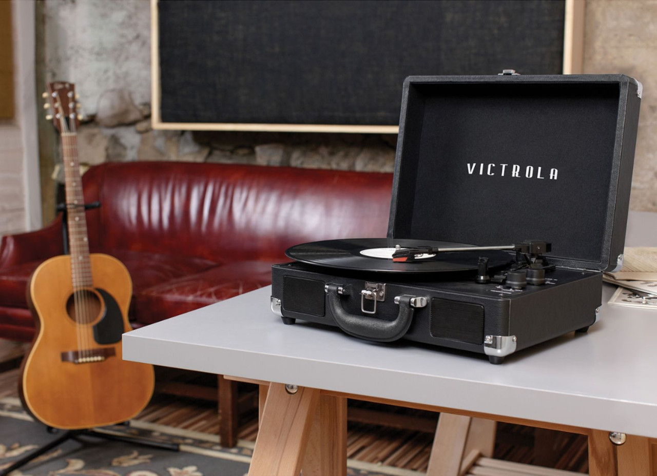 Victrola - Journey BT in and Out Suitcase turntable- with needle & Cloth Bundle - Black