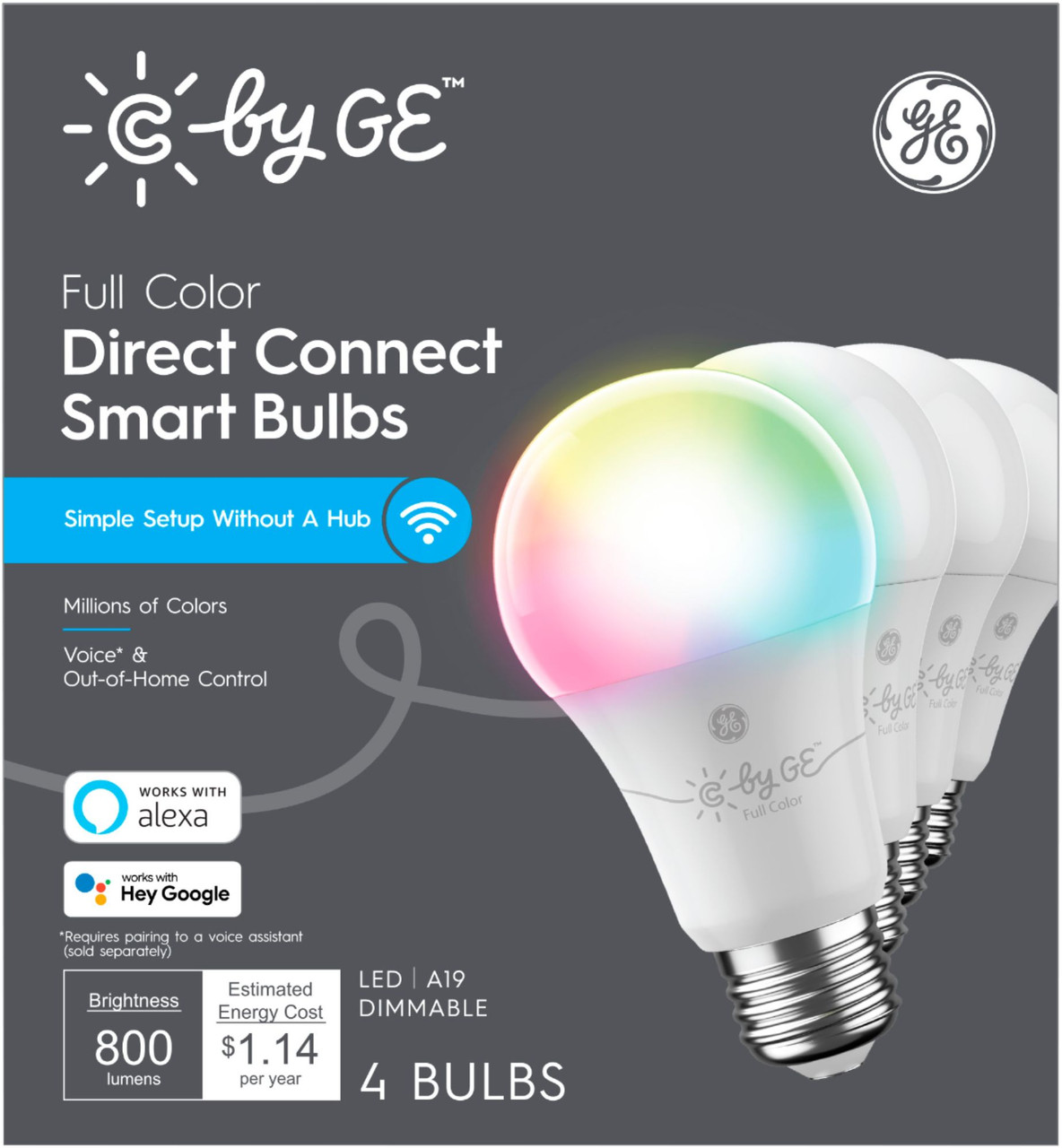 C by GE Full Color Direct Connect Light Bulbs (4 A19 LED Color Changing Light Bulbs), 60W Replacement - Full Color