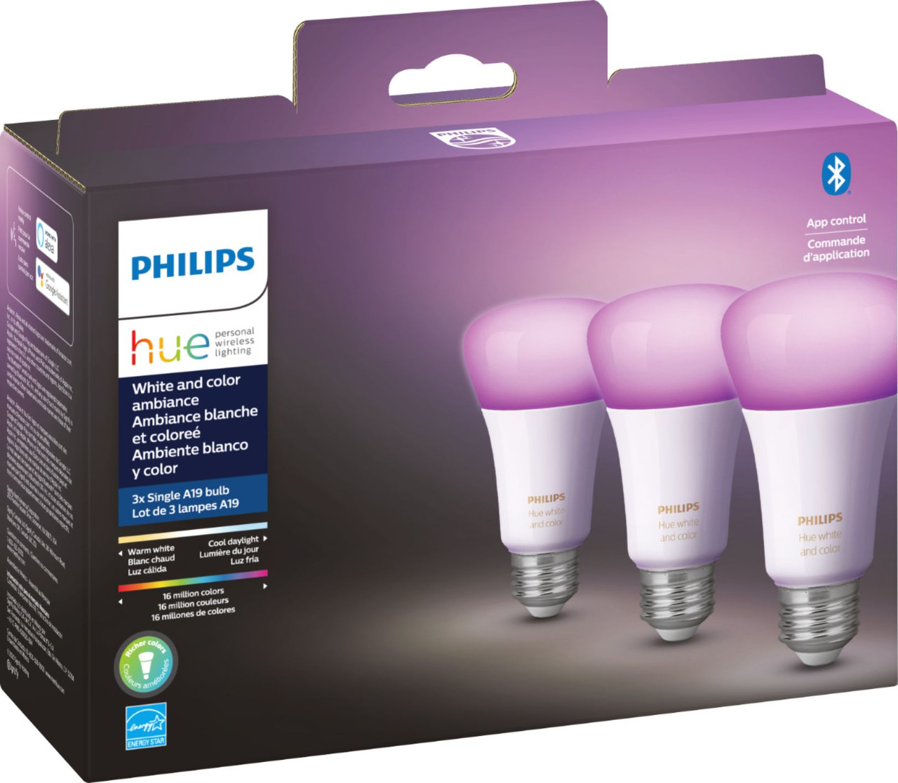 Philips - Hue White & Color Ambiance A19 Bluetooth LED Smart Bulb (3-Pack) - Multicolor
