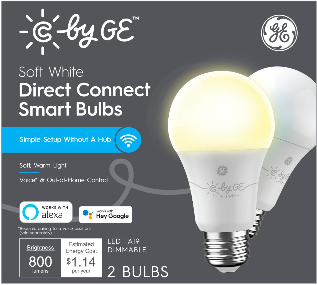 C by GE Soft White Direct Connect Light Bulbs (2 A19 Smart LED Light Bulbs), 60W Replacement - White