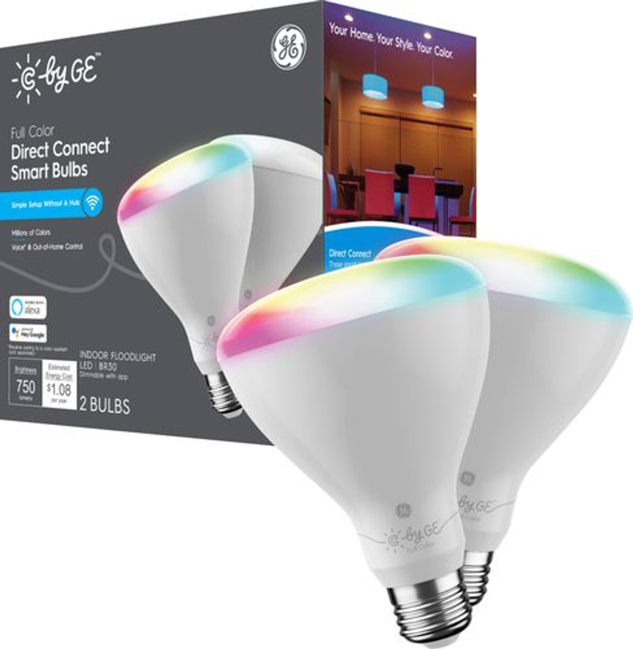 C by GE Full Color Direct Connect Light Bulbs(2 BR30 LED Color Changing Light Bulbs), 65W Replacement - Full Color