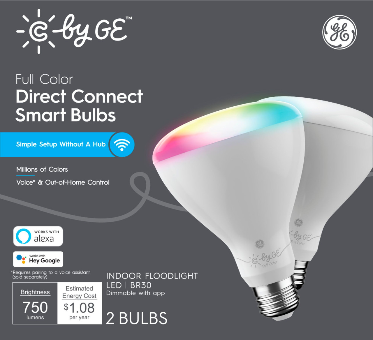 C by GE Full Color Direct Connect Light Bulbs(2 BR30 LED Color Changing Light Bulbs), 65W Replacement - Full Color