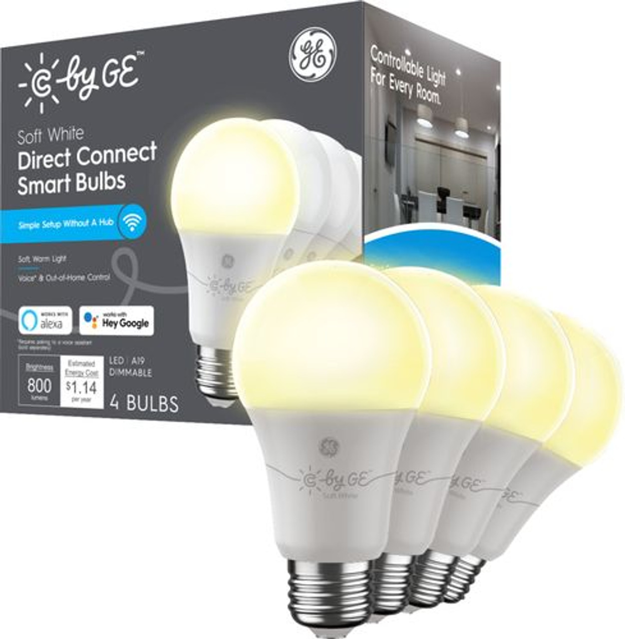 C by GE Soft White Direct Connect Light Bulbs (4 A19 Smart LED Light Bulbs), 60W Replacement - White