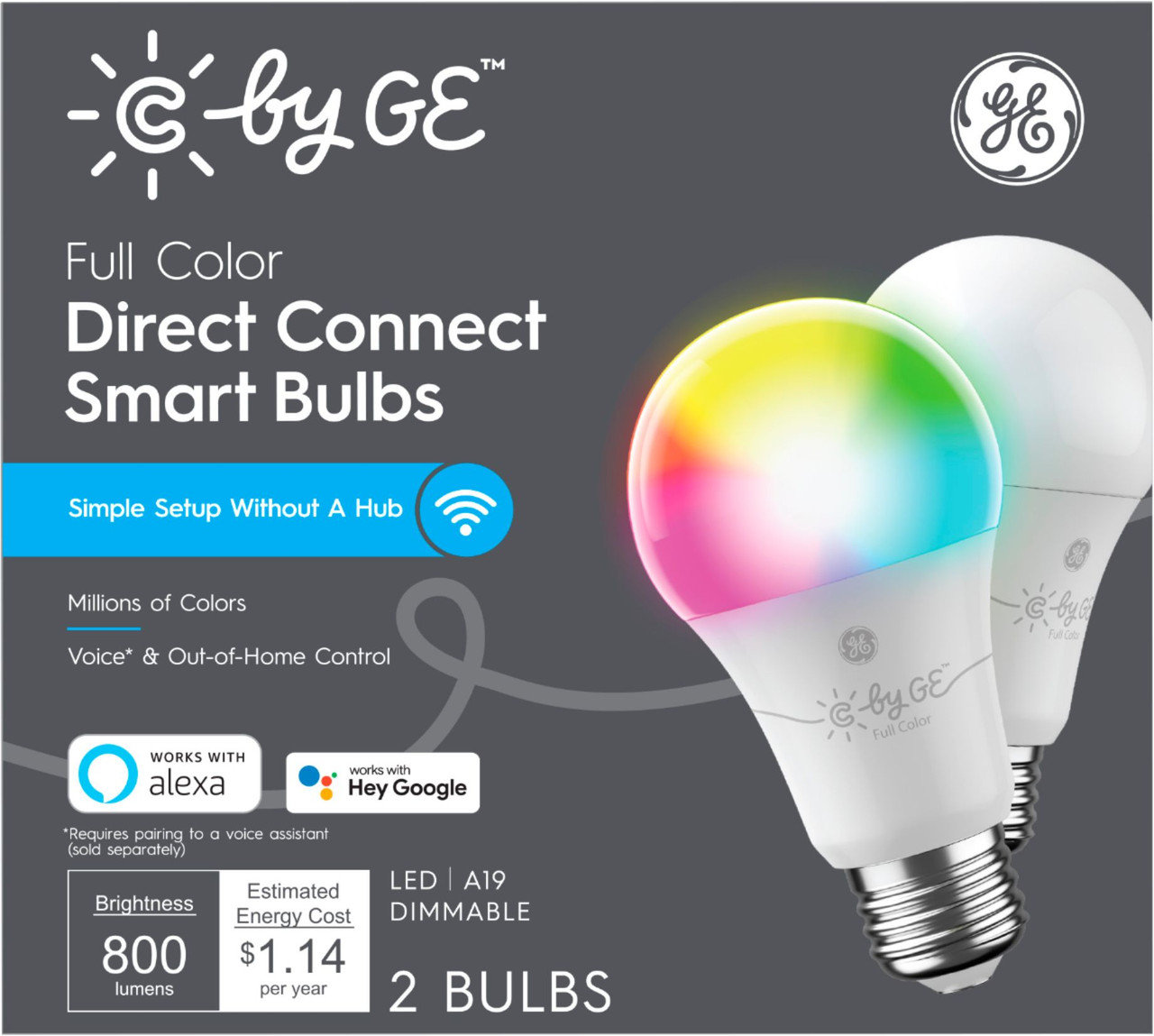 C by GE Full Color Direct Connect Light Bulbs (2 A19 LED Color Changing Light Bulbs), 60W Replacement - Full Color