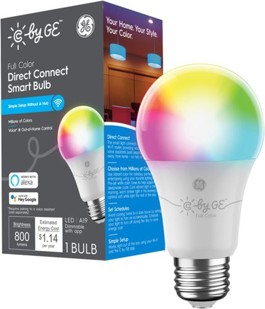 C by GE Full Color Direct Connect Light Bulb (1 A19 LED Color Changing Light Bulb), 60W Replacement - Full Color