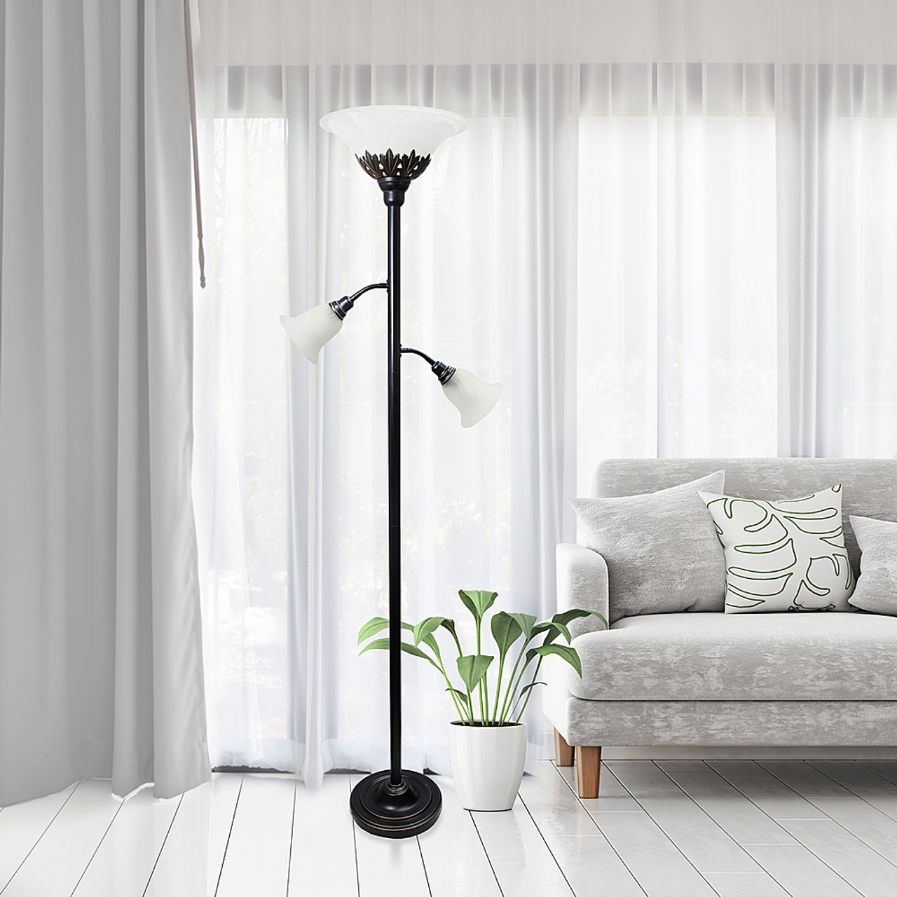 Elegant Designs 3 Light Floor Lamp with White Scalloped Glass Shades, Restoration Bronze and White