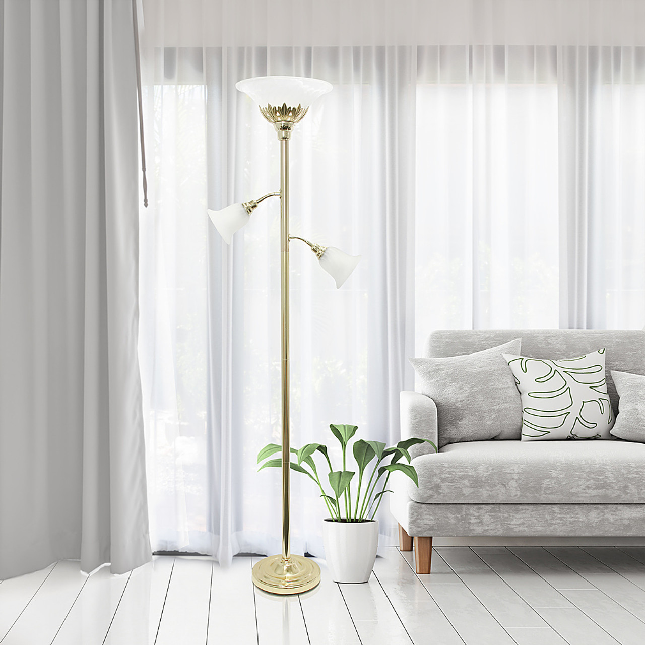 Elegant Designs 3 Light Floor Lamp with Scalloped Glass Shades, Gold