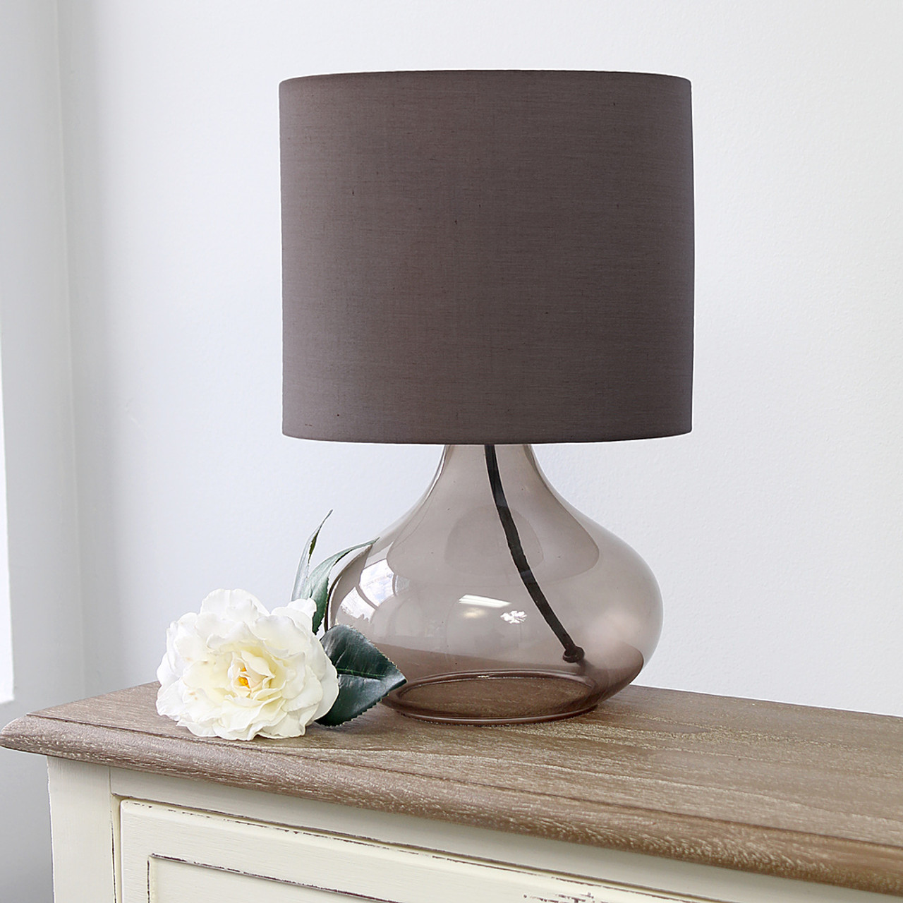 Simple Designs Glass Raindrop Table Lamp with Fabric Shade, Smoke Gray with Gray Shade