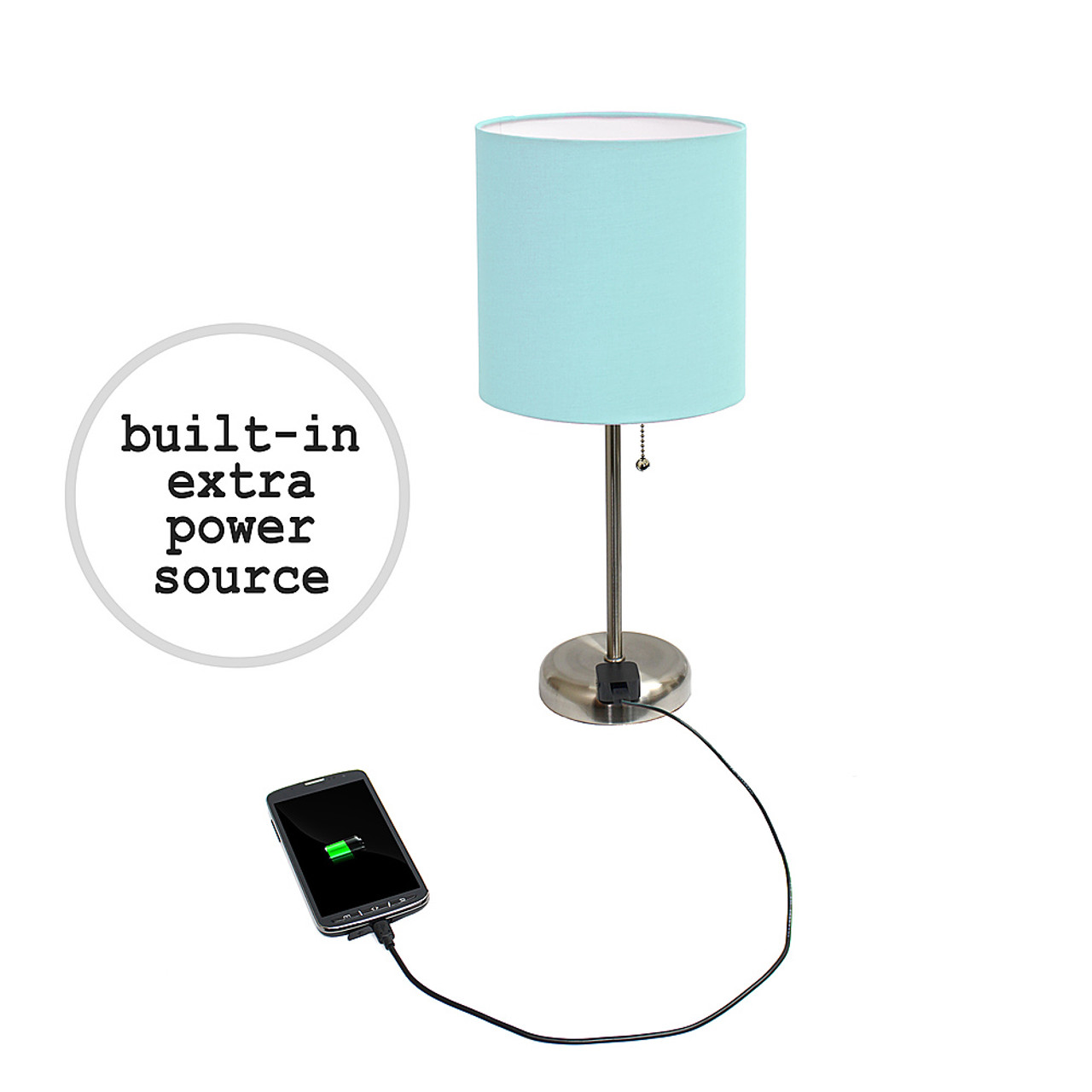 LimeLights Stick Lamp with Charging Outlet and Fabric Shade, Aqua