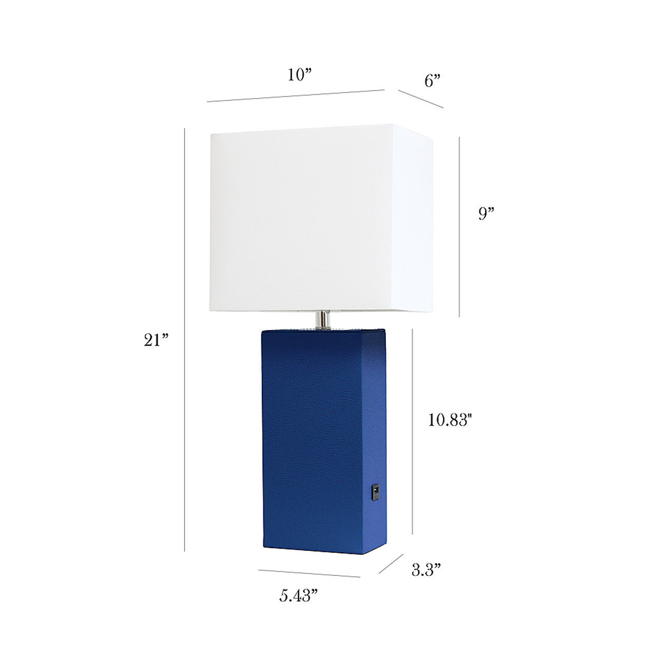 Elegant Designs Modern Leather Table Lamp with USB and White Fabric Shade, Blue