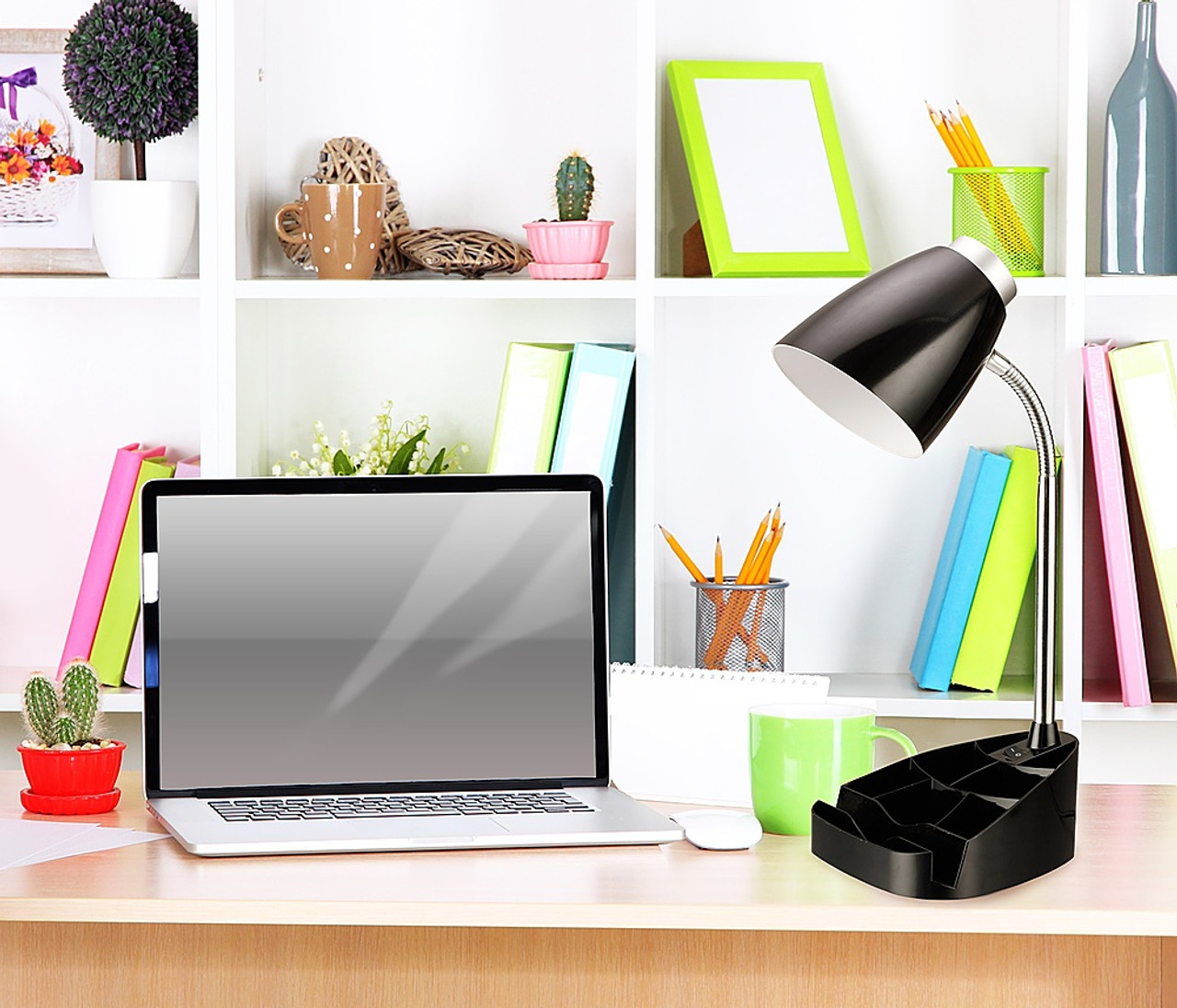 Limelights Gooseneck Organizer Desk Lamp with iPad Tablet Stand Book Holder, Black