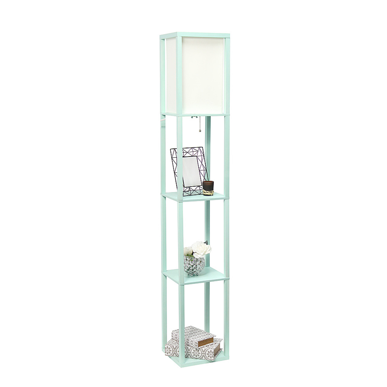 Simple Designs Floor Lamp Etagere Organizer Storage Shelf with Linen Shade, Aqua