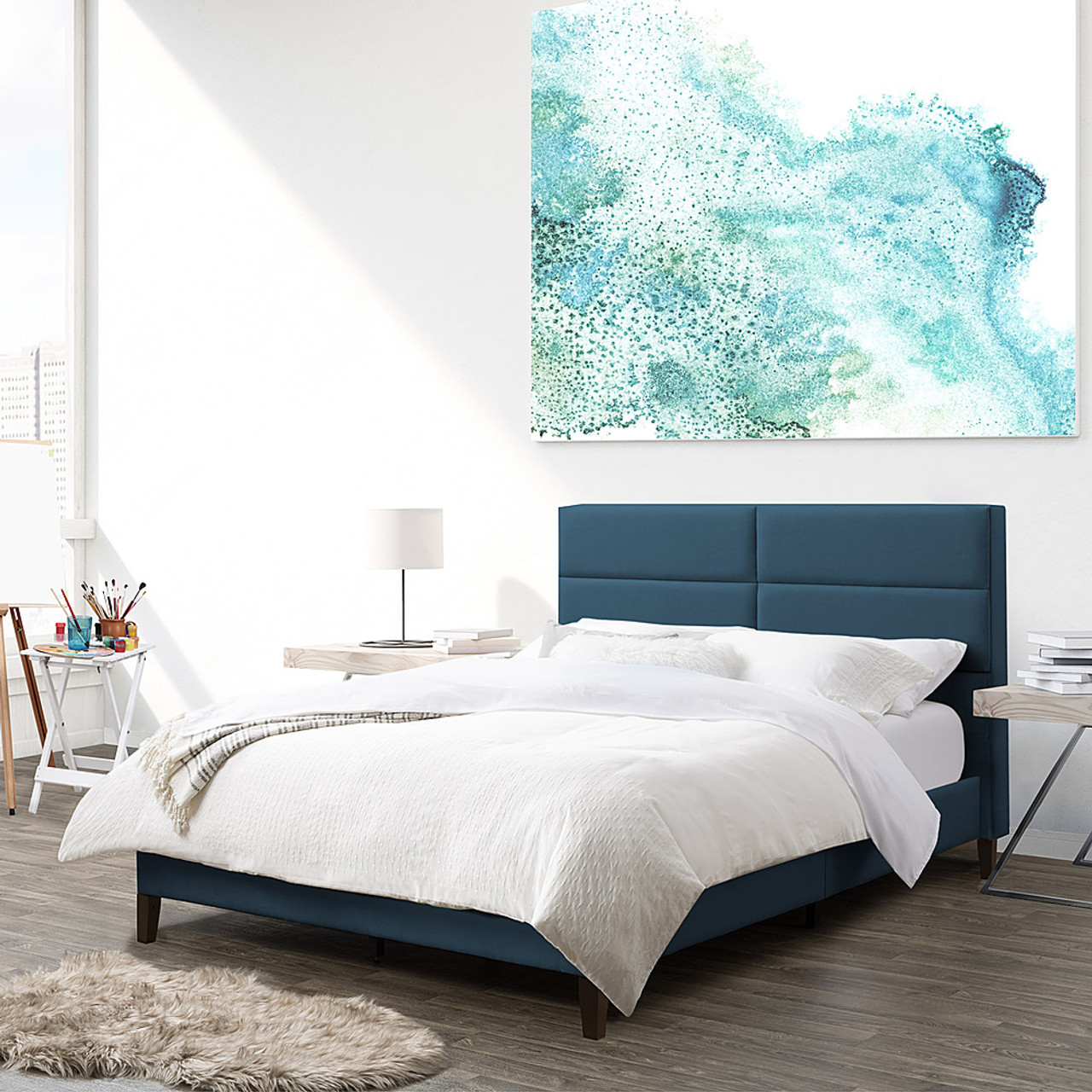 CorLiving - Bellevue Wide Panel Upholstered Bed, Full - Ocean Blue